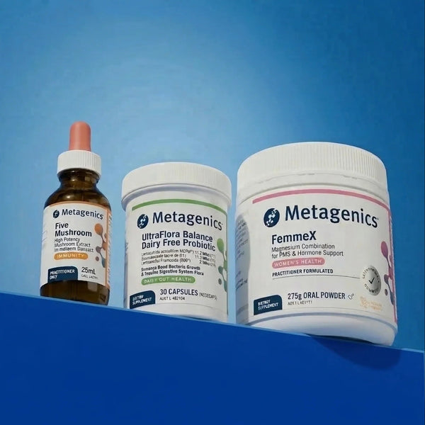 Metagenics supplements for gut health, energy, immunity, magnesium support, and daily wellness routines.