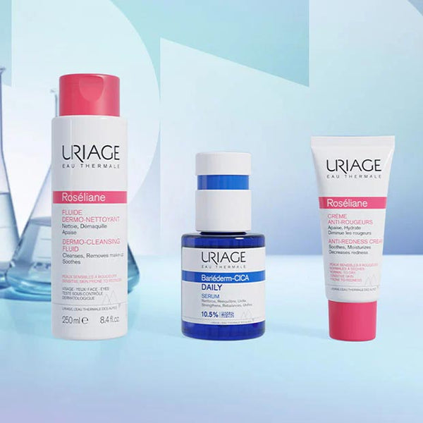 Uriage skincare routine with thermal water spray and moisturiser for sensitive skin