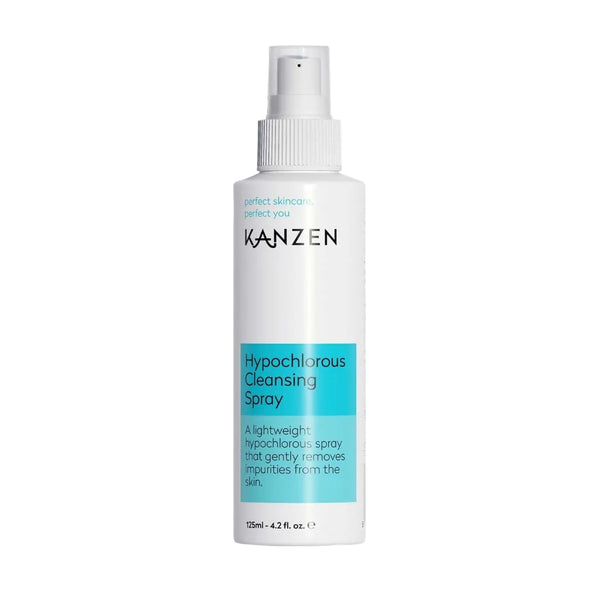 A 250ml white bottle of KANZEN Hypochlorous Cleansing Spray with a turquoise blue label, shown against a plain white background.