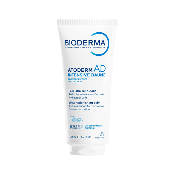 Bioderma Atoderm AD Intensive Baume 200ml white squeeze tube with blue text and logo, centered on a white background.