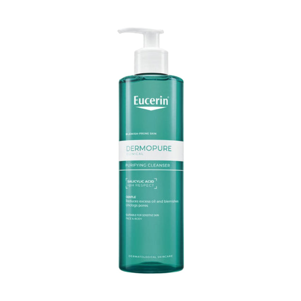 Eucerin Dermopure cleansing gel bottle on a white background