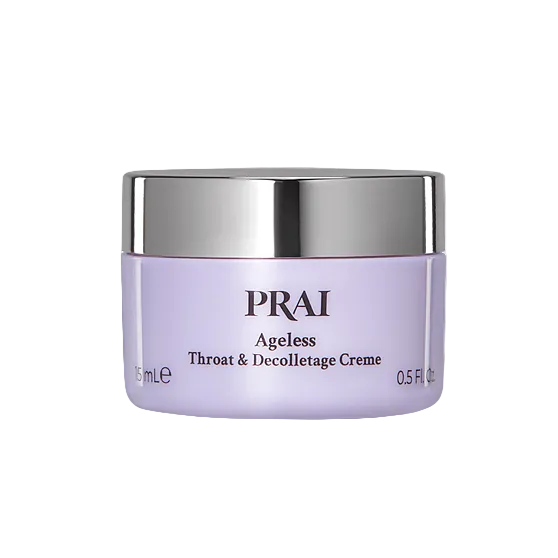 Purple jar of PRAI Ageless Throat & Decolletage Crème with silver lid on a white background