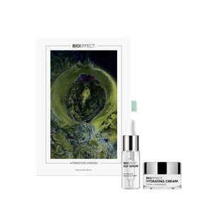 Bioeffect skincare products including serum, cream, and a poster on a white background