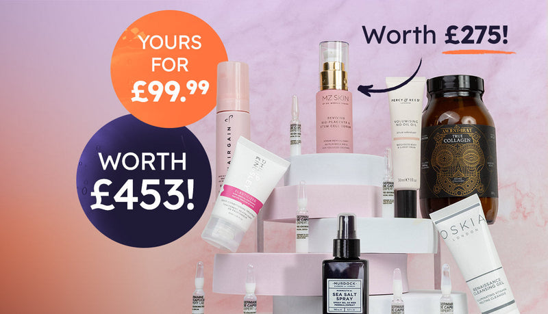 Cosmetic products displayed on a stand with promotional text on a gradient background