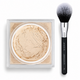 Sigma All-Over Power Pressed Powder in a clear square compact next to a black and silver makeup brush on a white background.