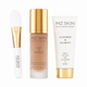 Three MZ SKIN skincare items from Dr. Maryam Zamani arranged on a white background: a white and gold applicator brush, a tinted moisturizer bottle with a gold cap, and a white and gold cleanser tube.