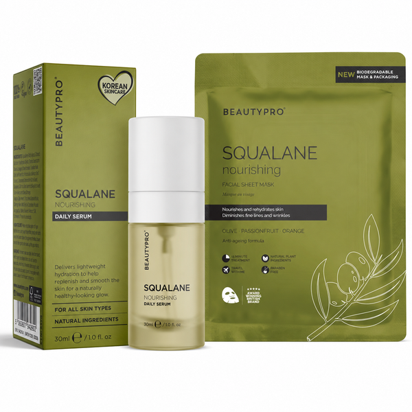 Beautypro Squalane Daily Serum skincare set featuring a green box, a gold serum bottle with a white cap, and a green facial sheet mask pouch on a white background.