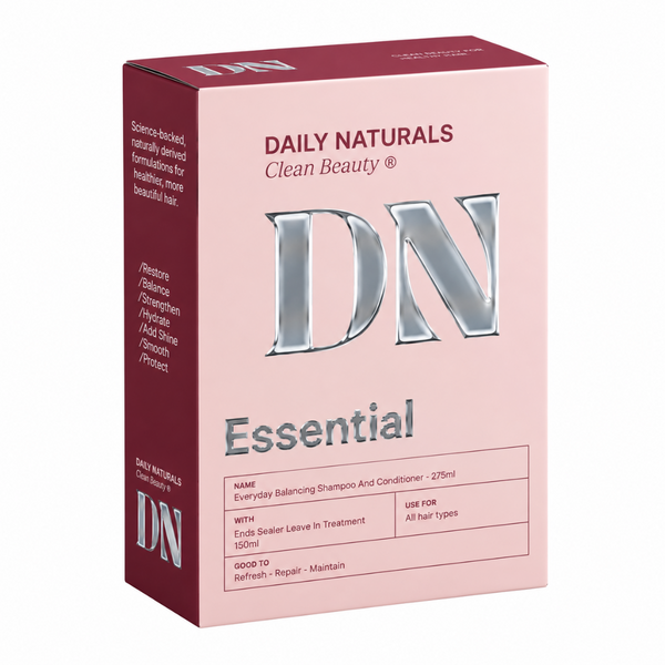 A pink and dark red box of Daily Naturals Clean Beauty Essential shampoo, featuring a large metallic 'DN' logo on the front.
