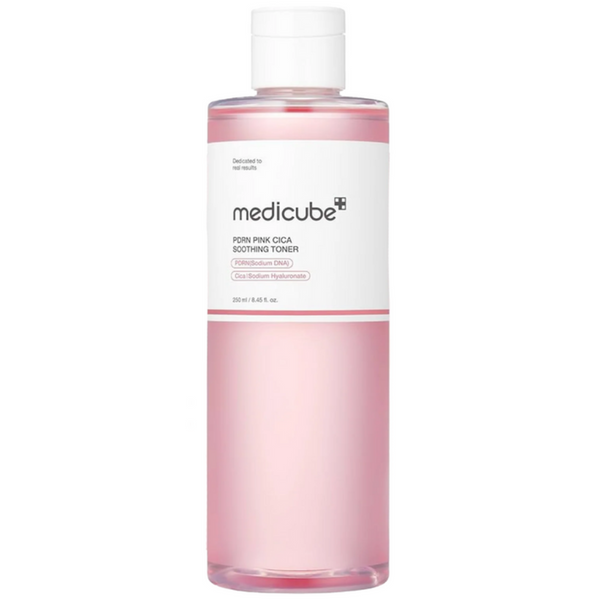 Medicube pink toner bottle on a white background