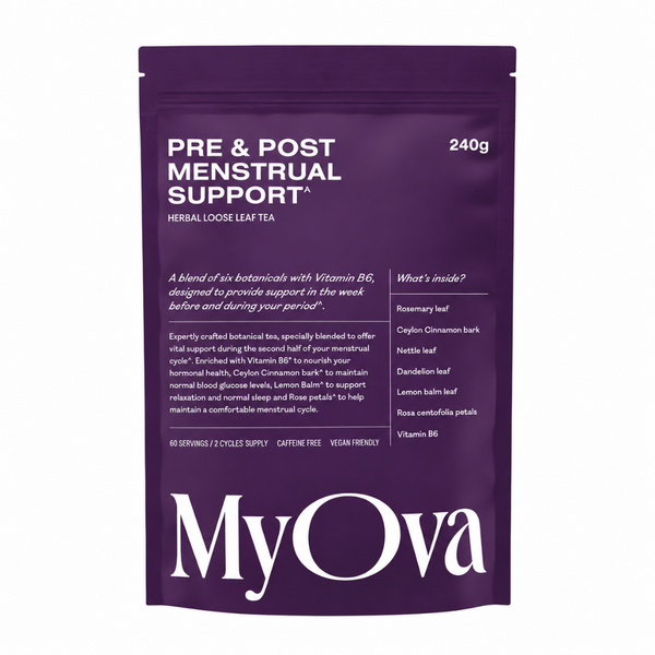 A purple stand-up pouch of MyOva Pre & Post Menstrual Support Herbal Loose Leaf Tea, 240g, on a plain white background.