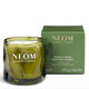 A NEOM Wellbeing London scented candle in a wavy olive-green glass jar, shown next to its matching green box packaging on a clean white background.