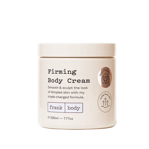 Jar of firming body cream by frank body on a white background