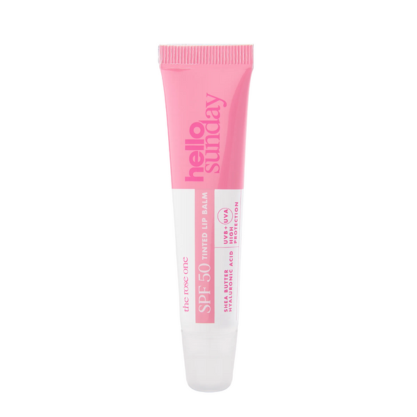 Pink and white lip balm tube with 'hello sunday' branding on a white background
