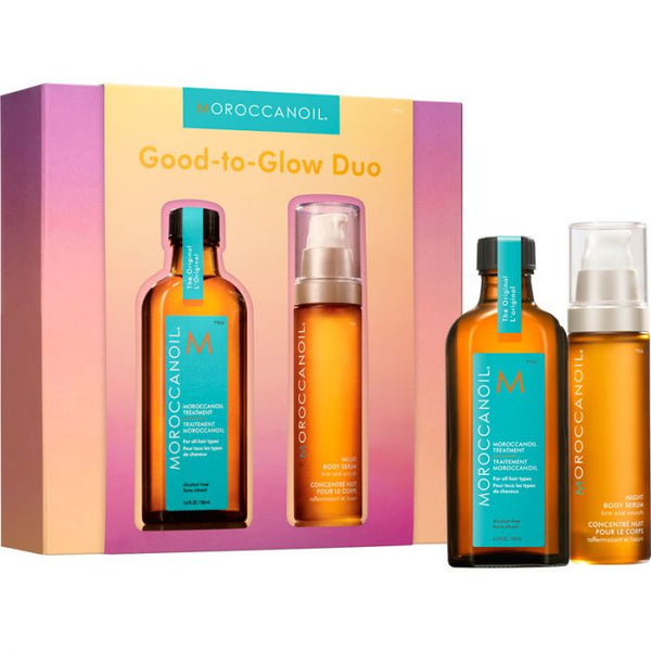 Moroccanoil Good-to-Glow Duo set with two bottles and a box on a white background