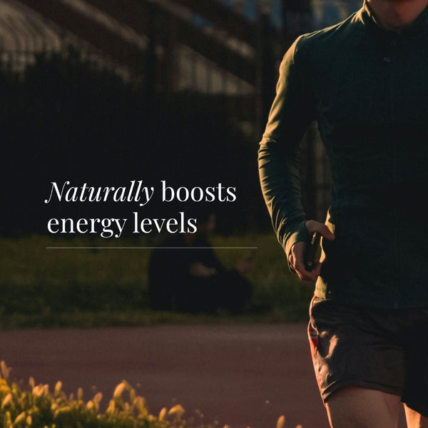 Person exercising outdoors with text 'Naturally boosts energy levels' on a blurred background