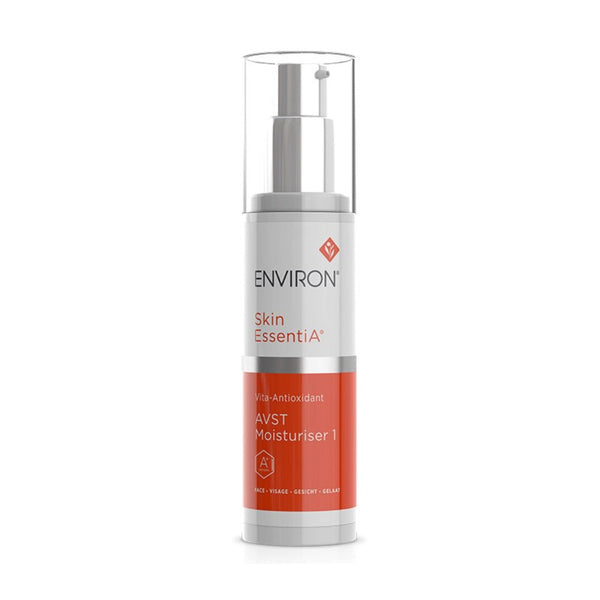 A bottle of Environ Skin EssentiA Avst Moisturiser 1 with a white and orange label, featuring a clear cap and pump dispenser, set against a plain white background.