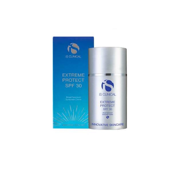 IS Clinical Extreme Protect SPF 30 sunscreen bottle next to its blue and teal packaging box, shown on a plain white background.