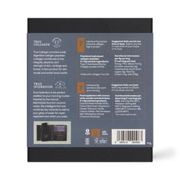 The back of a collagen powder package, showing product information, ingredients, usage suggestions, a small product photo, and a barcode on a white background.