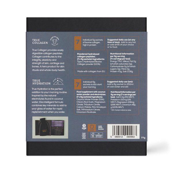 The back of a collagen powder package, showing product information, ingredients, usage suggestions, a small product photo, and a barcode on a white background.