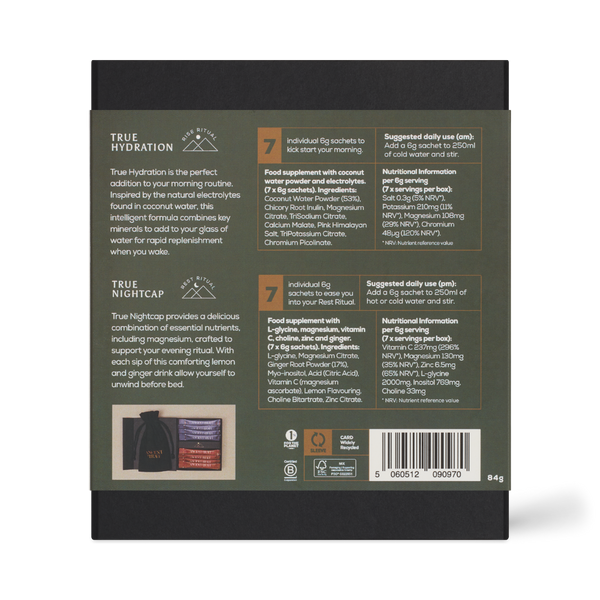 The back of a True Nightcap coconut water bottle packaging, showing product details, ingredients, usage instructions, and a barcode on a dark olive green background.