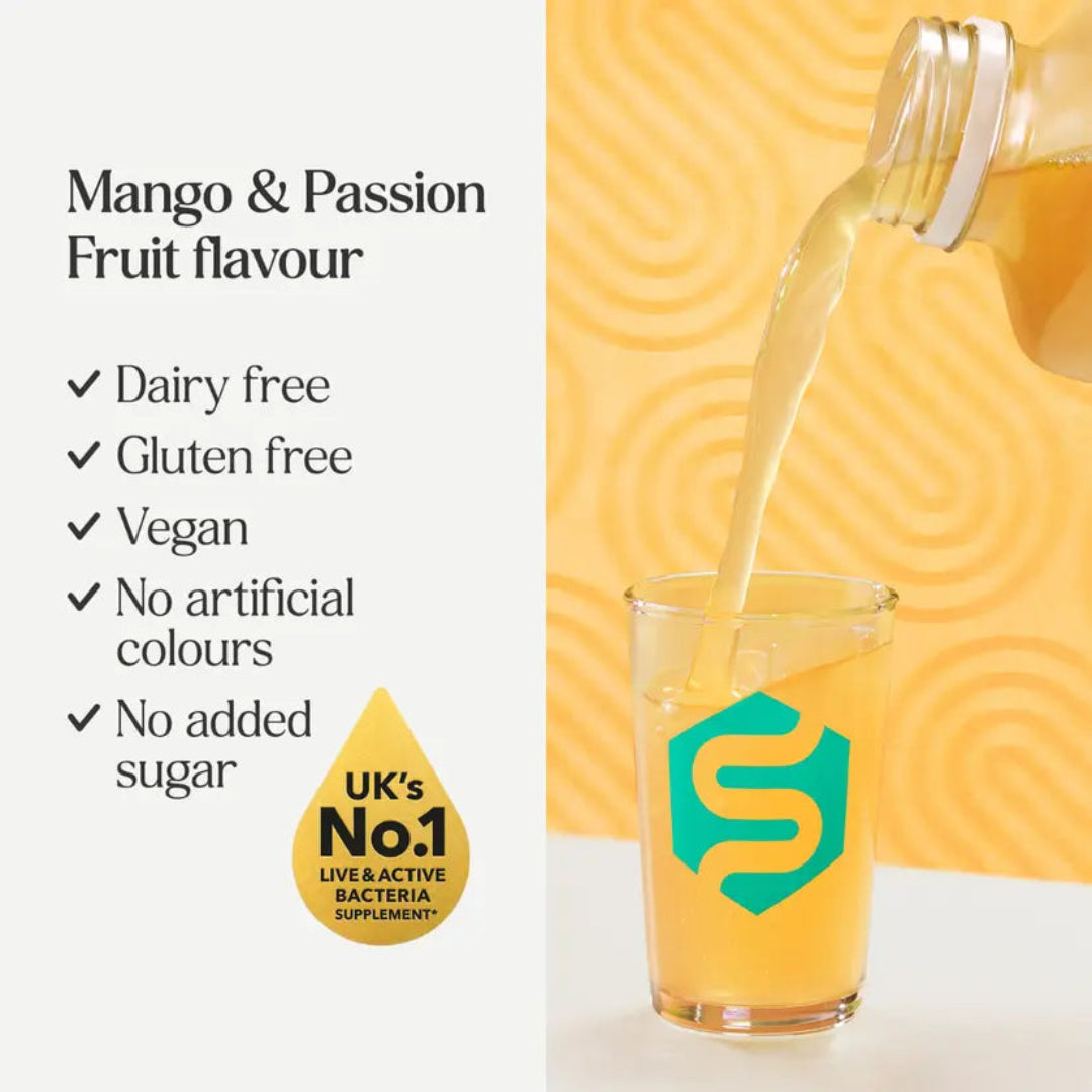 Mango & Passion Fruit flavor supplement being poured into a glass with product details on a white background.