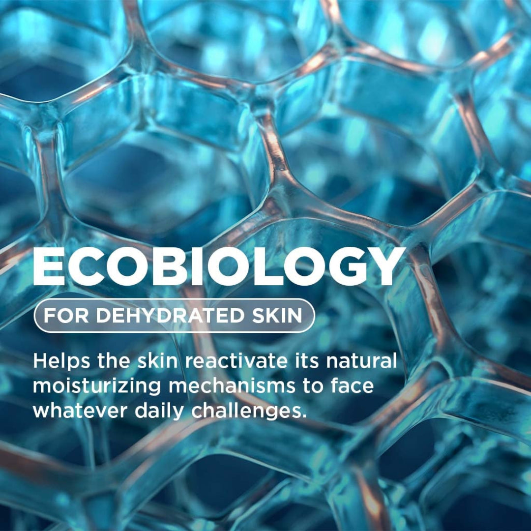 Blue honeycomb structure with text about EcoBiology for dehydrated skin