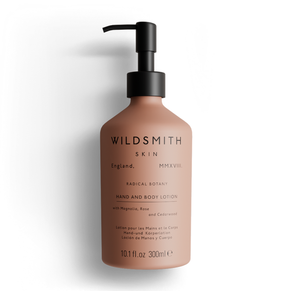 Brown lotion bottle with pump and 'Wildsmith' branding on a white background