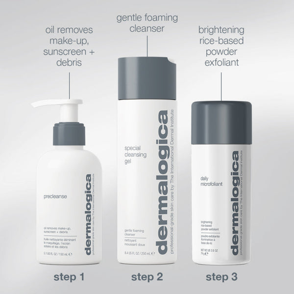 Three Dermalogica skincare bottles arranged on a light gray background with text labels indicating steps: a white pump bottle labeled 'precleanse' at step 1, a white foaming cleanser bottle labeled 'gentle foaming cleanser' at step 2, and a white powder exfoliant bottle labeled 'brightening rice-based powder exfoliant' at step 3.