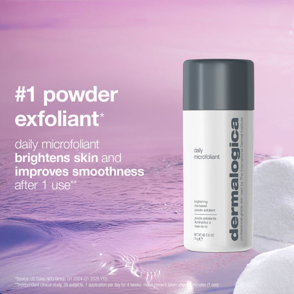 A bottle of Dermalogica Daily Microfoliant powder exfoliant on a pink and purple water-textured background with white cotton pads and promotional text.