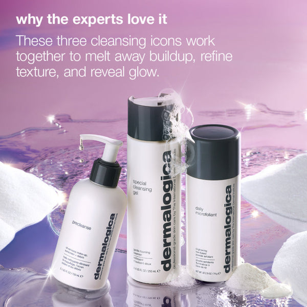 Three Dermalogica cleansing products arranged on a reflective surface with pink-purple water-like graphics and white towels around them. Text at the top reads, 'why the experts love it' and describes the cleansing products together.