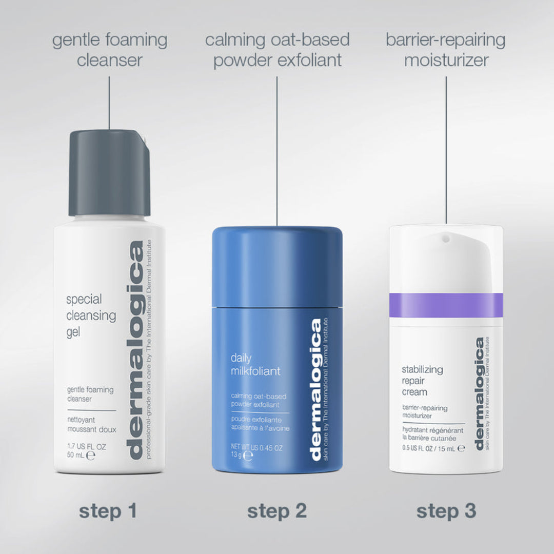 Three Dermalogica skincare products arranged on a light gray background with labels pointing to each: a white cleansing gel bottle labeled step 1, a blue daily midfoliant jar labeled step 2, and a white stabilizing repair cream tube labeled step 3.