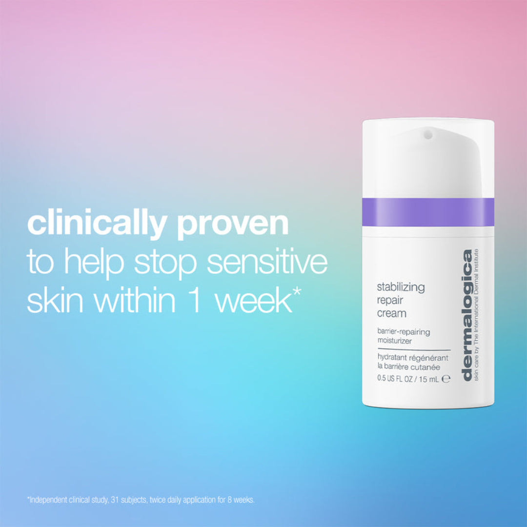 Dermalogica Stabilizing Repair Cream bottle on the right, set against a pink-to-blue gradient background with white text on the left reading 'clinically proven to help stop sensitive skin within 1 week'.