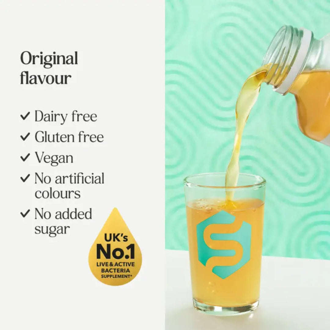 Glass of orange juice being poured with product branding and health benefits listed on a white background.