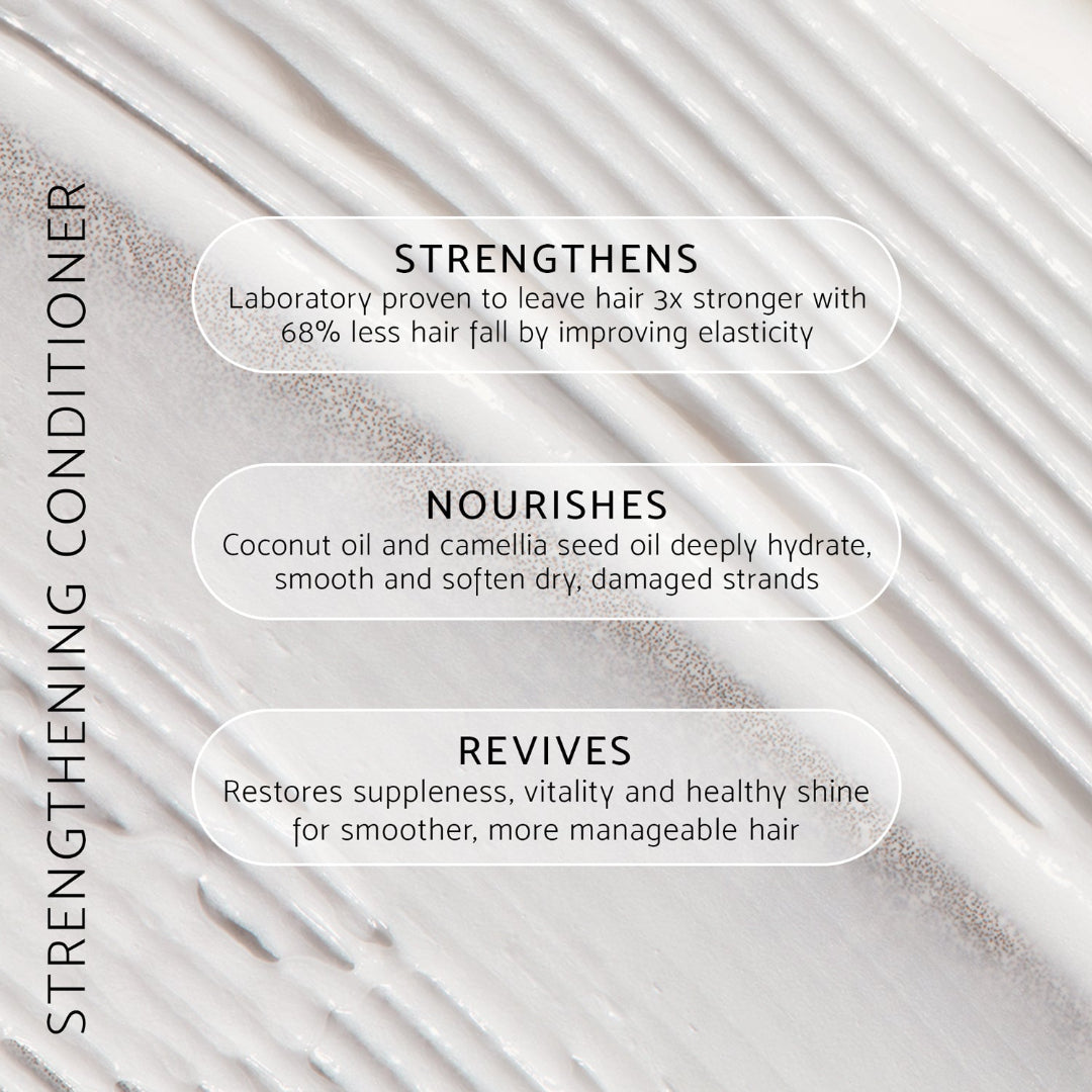 Promotional graphic for Strengthening Conditioner with three rounded text boxes detailing benefits: strengthens hair, nourishes with coconut and camellia seed oil, and revives for healthier hair, set against a close-up of white hair conditioner swirled on a light gray surface.