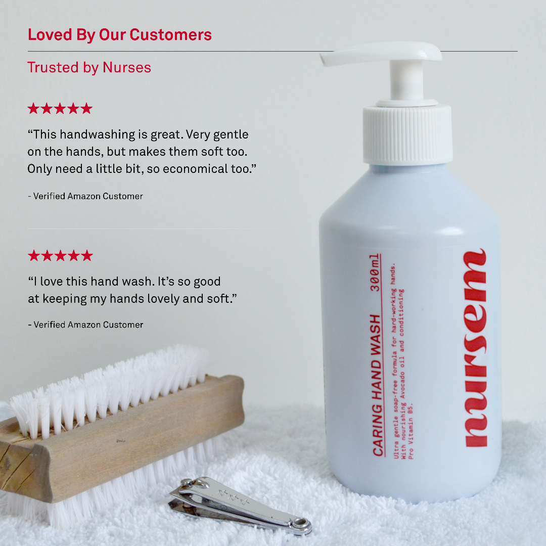 Hand wash bottle with brush and nail clipper on a white background, featuring customer reviews.