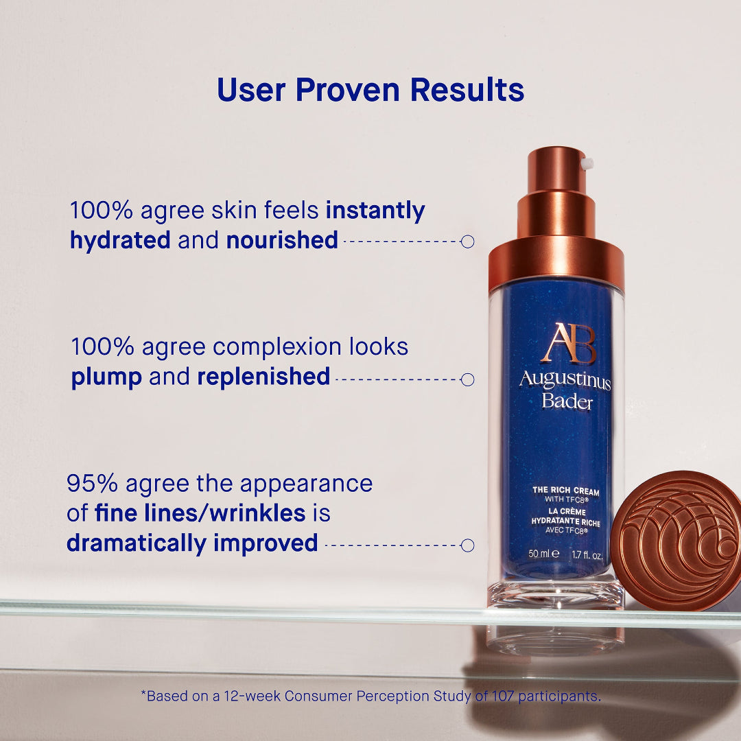 Augustinus Bader skincare product with user proven results text on a light gray background