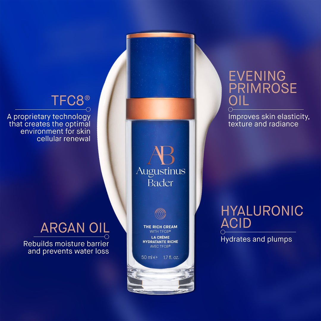 Augustinus Bader skincare cream bottle with product details on a blue background