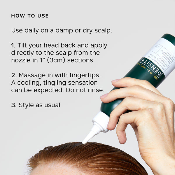 Person applying a scalp treatment product with text on how to use it.
