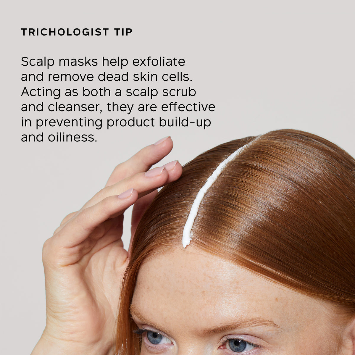 Person with a white line on their head, likely a scalp mask, with text about trichologist tips.