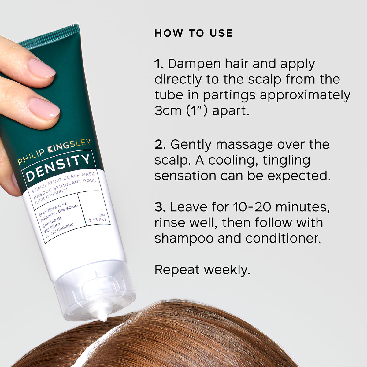 Tube of Philip Kingsley Density product with application instructions on a gray background