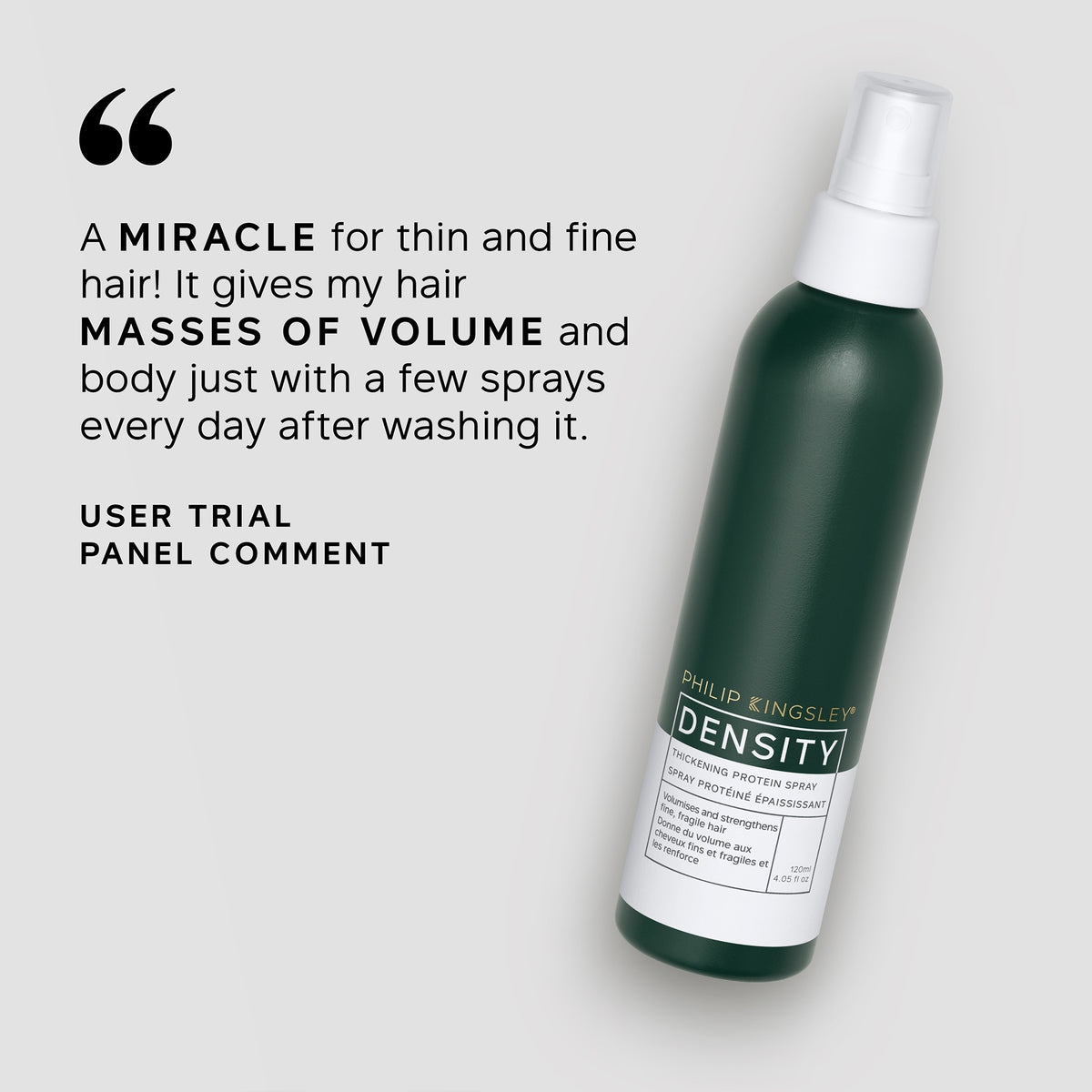 Hair product spray bottle with user trial panel comment on a light gray background