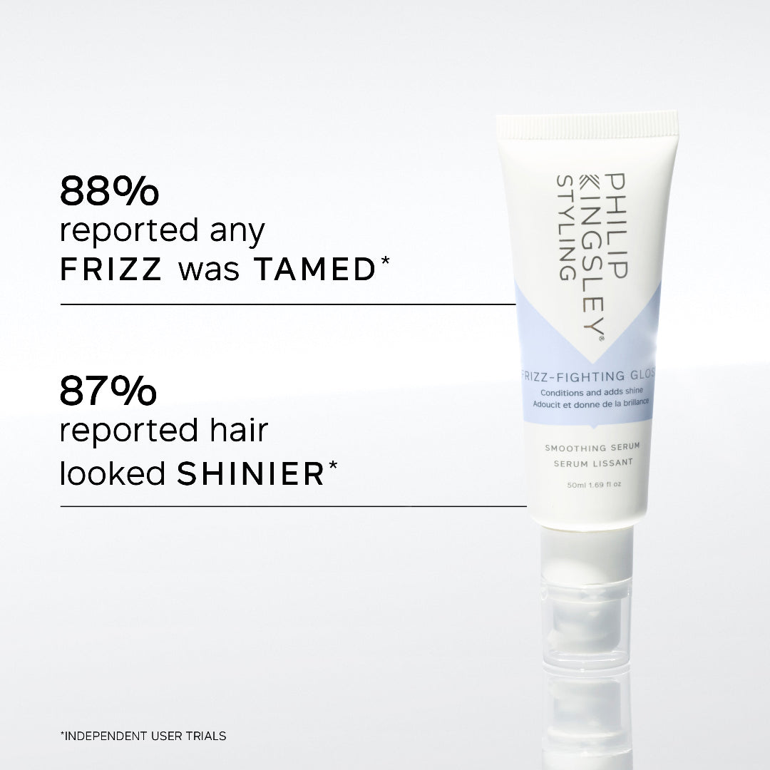 Philips Styley Frizz-Fighting Gloss smoothing serum in a white squeeze tube with a light blue accent band, shown on a light gray background with promotional text about reported hair shine and fragrance.