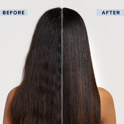 Before and after comparison of long, dark brown hair, showing frizzy, textured hair on the left labeled 'BEFORE' and smooth, straight hair on the right labeled 'AFTER' against a light gray background.