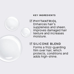 A light gray informational graphic with three translucent droplets on the left and text on the right reading 'KEY INGREDIENTS' and 'PHYTANTRIOL' and 'SILICONE BLEND' with brief descriptions.