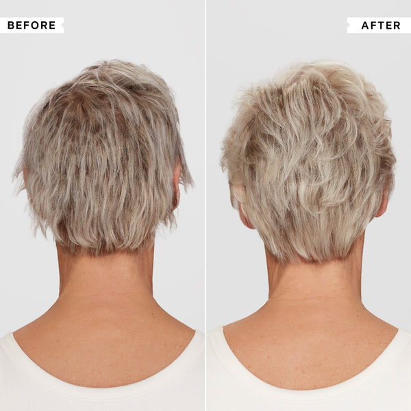 Before and after comparison of a woman's haircut with gray hair.
