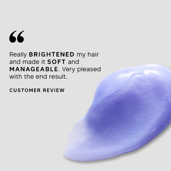 Purple hair product with a customer review quote on a gray background