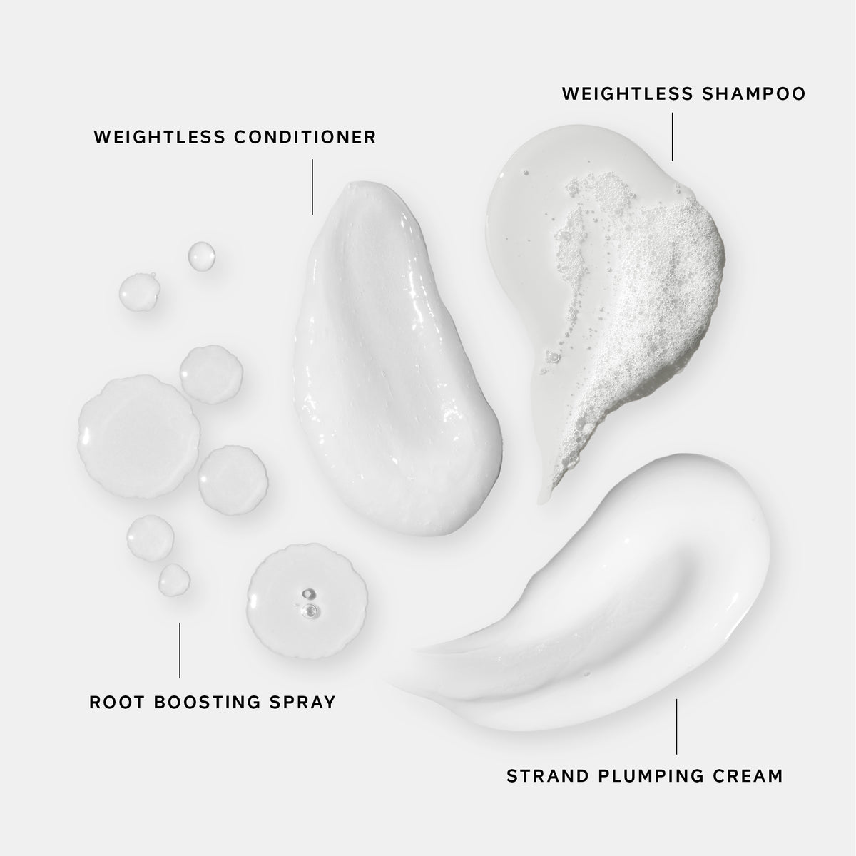White hair care products with labels on a light gray background
