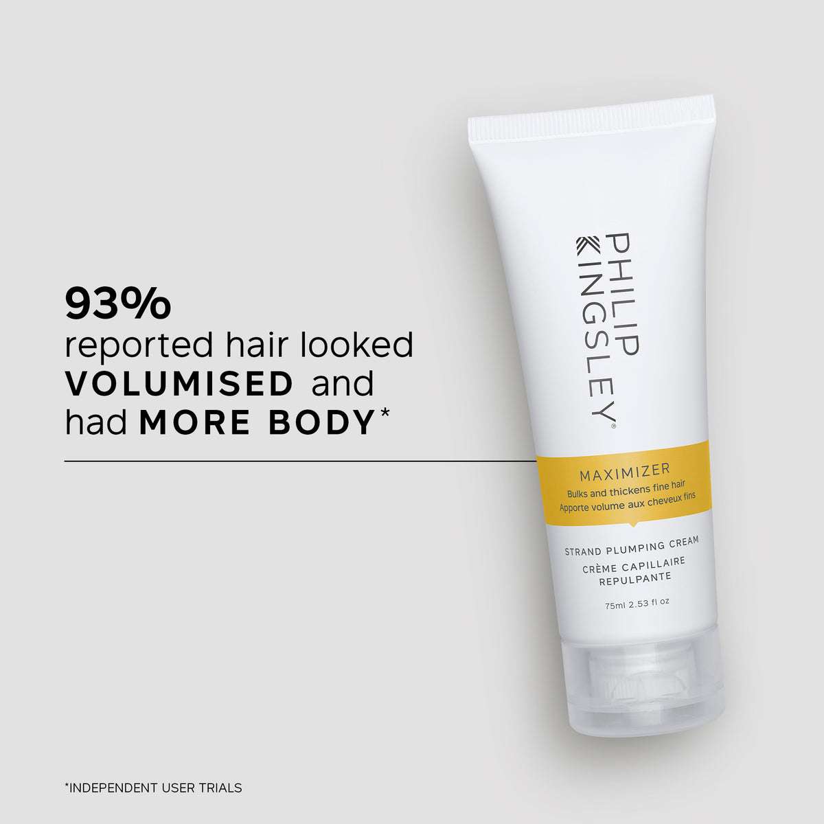 Philip Kingsley hair volumizing cream on a gray background with text about hair volume.