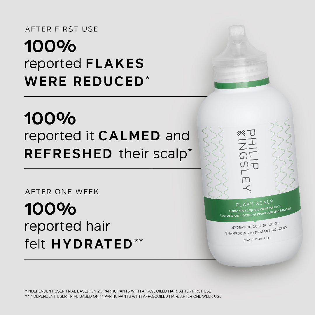 A bottle of PHILIP RINDSEY Flaky Scalp Hydrating Curl Shampoo on a light gray background with promotional text detailing user-reported benefits after first use and after one week.