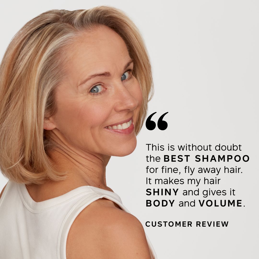 Woman with blonde hair and a white shirt, with a customer review quote about shampoo.